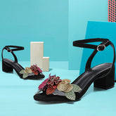 Kristall Pailletten Blume Schwarz Wildleder Ferse Knöchel Riemen Strass Sommer Sandalen